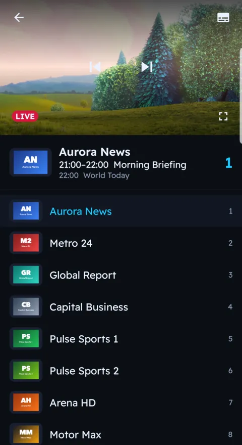 Melyo Player playing a channel on a phone