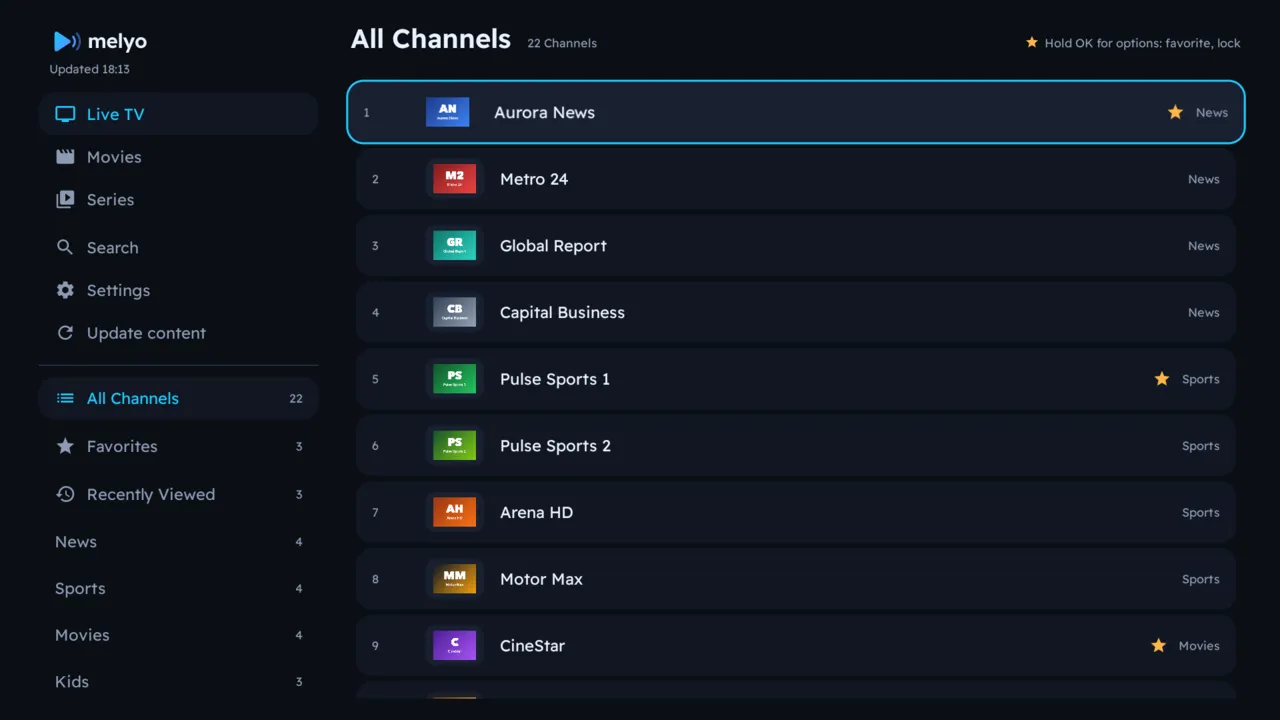Melyo Player channel list on a TV