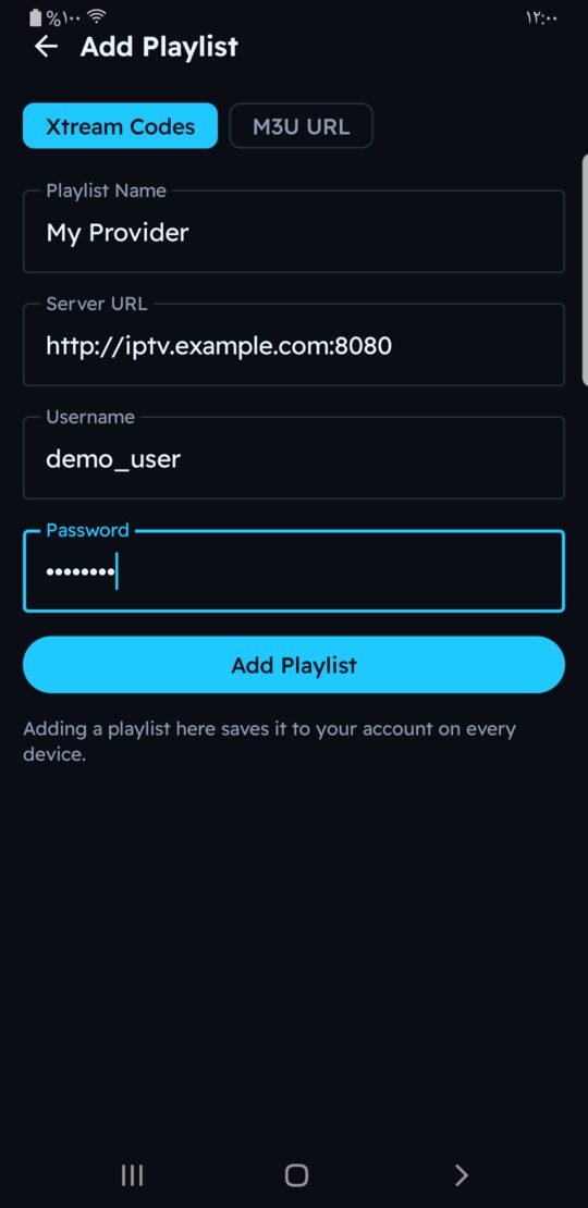Add Playlist screen in Melyo Player with Xtream Codes fields