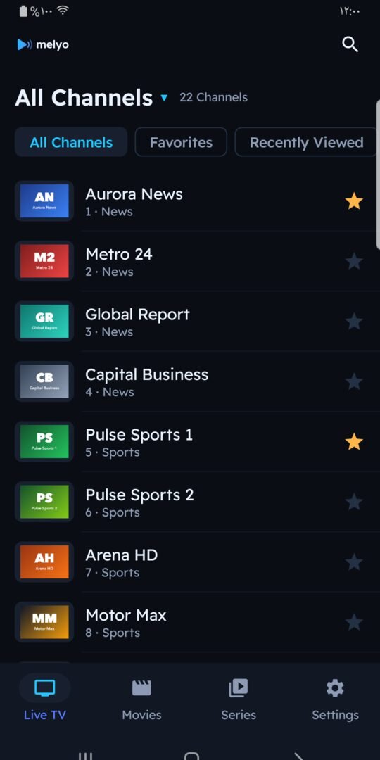 Channel list in Melyo Player after adding a playlist