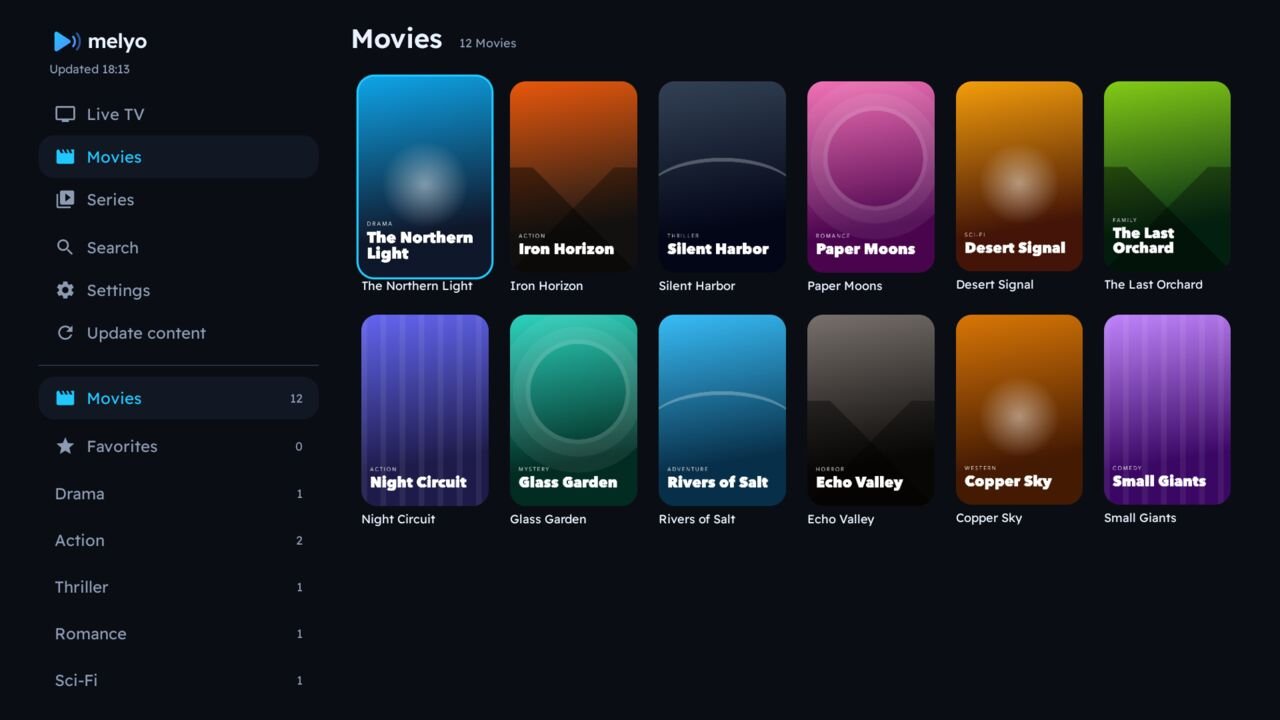 Movies section of Melyo Player on a TV