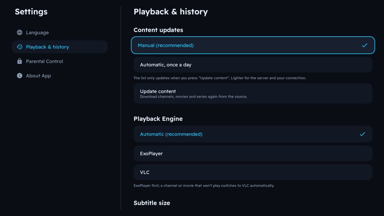 Playback engine setting in Melyo Player: Automatic, ExoPlayer or VLC